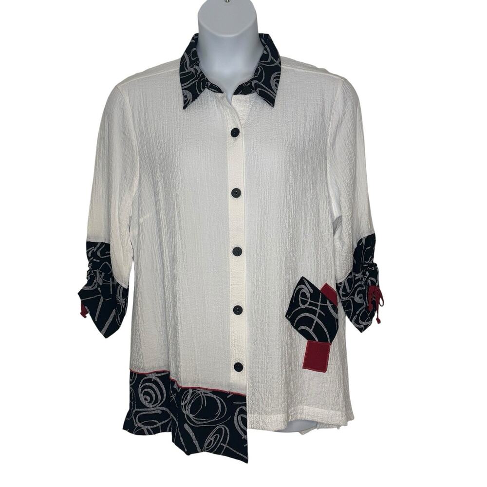 Ali Miles Tunic Top Womens XL Patches Rayon 3/4 Sleeve Art To Wear Artsy NEW